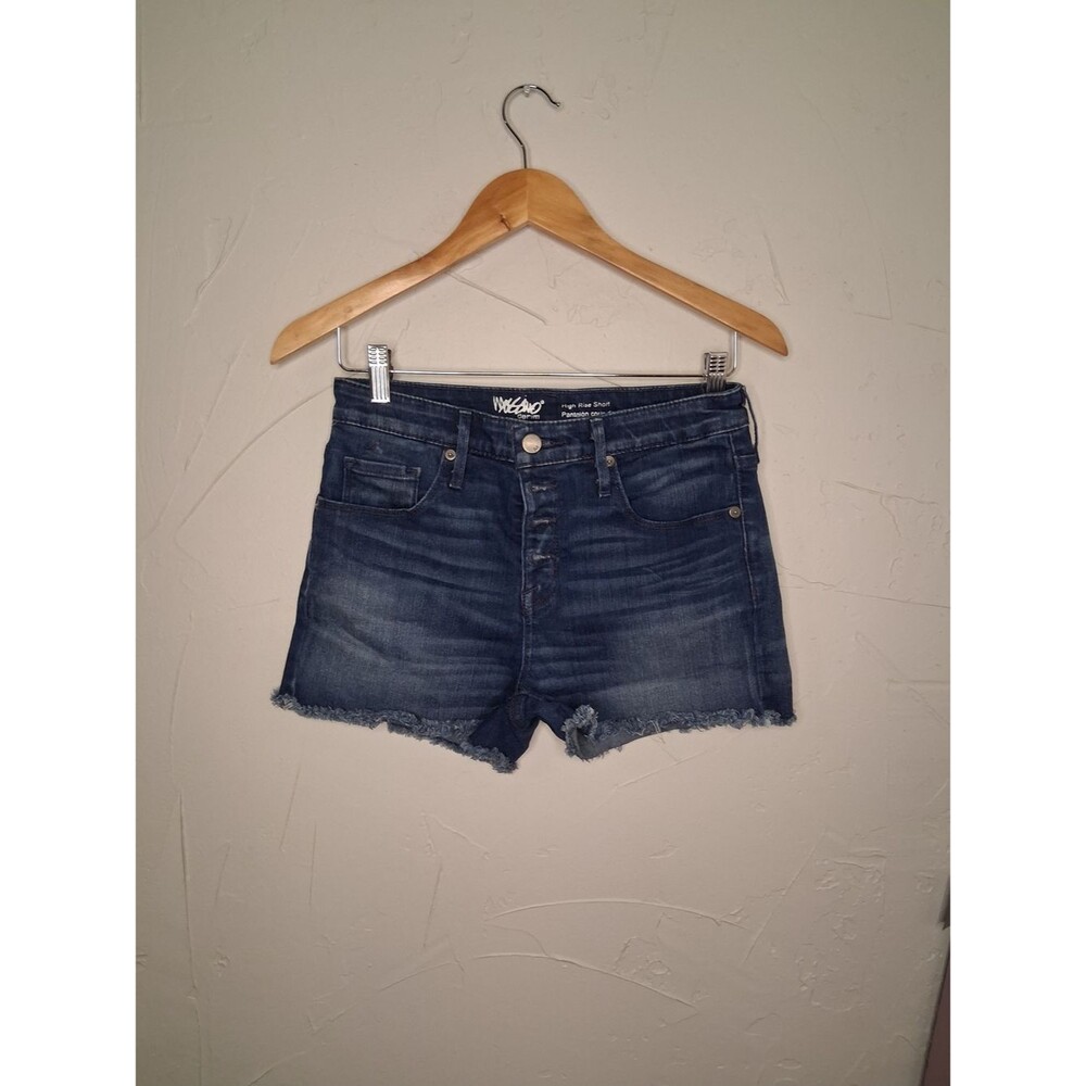Mossimo High Rise Denim Shorts Size 6 Blue Distressed Raw Hem Stretch Jean Short